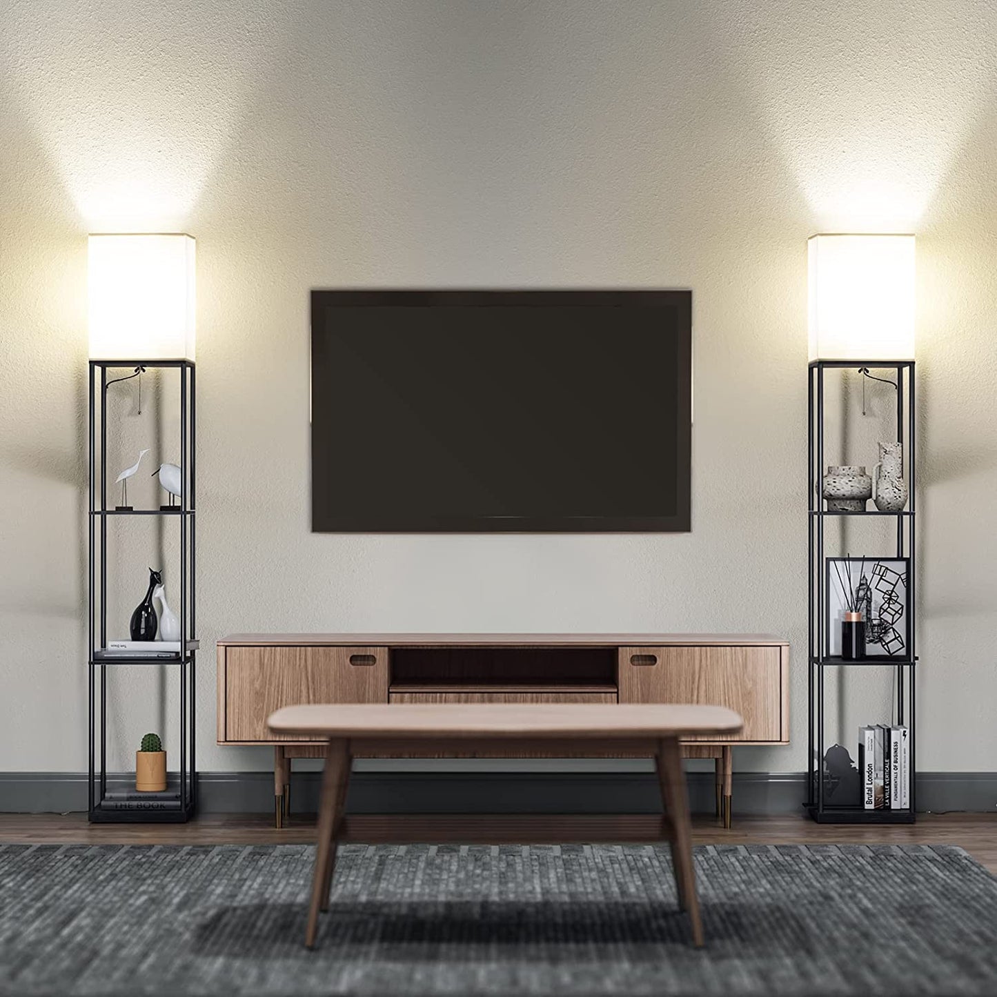 Floor Lamp with Shelves, Modern Square Standing Lamp with 3 Color Temperature Bulb, Corner Display Bookshelf Lamp for Living Room and Bedroom(Black)
