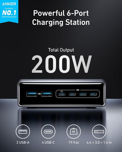 Prime Charging Station, 200W 6-Port Gan Desktop Charger, Fast Charging USB C Charger for Multiple Devices, Compatible with Iphone, Galaxy, Macbook, Dell and More