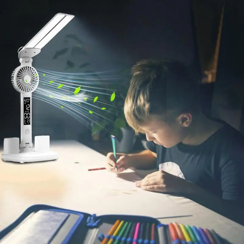 Foldable LED Table Light Eye Protection Multifunction Desk Lamp with Thermometer Calendar Fan Pen Holder Study Reading Fan Light