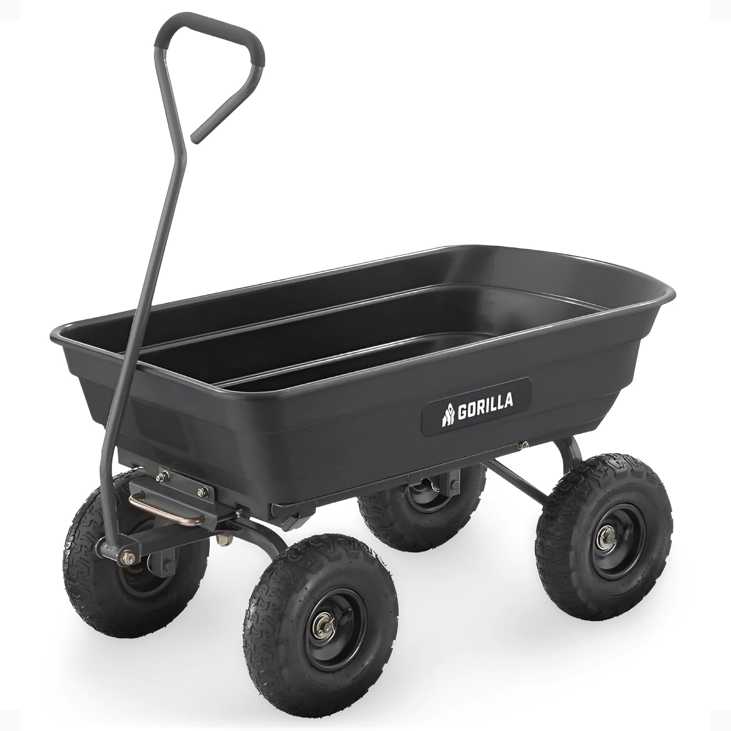 Poly Garden Dump Cart, 4 Cu Ft Tub, 600 Lb Haul Capacity, Black – Heavy-Duty Utility Wagon with Quick-Release Dumping & Pneumatic Tires for Yard, Landscaping and Gardening
