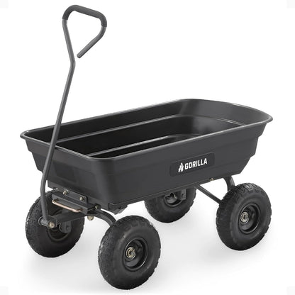 Poly Garden Dump Cart, 4 Cu Ft Tub, 600 Lb Haul Capacity, Black – Heavy-Duty Utility Wagon with Quick-Release Dumping & Pneumatic Tires for Yard, Landscaping and Gardening