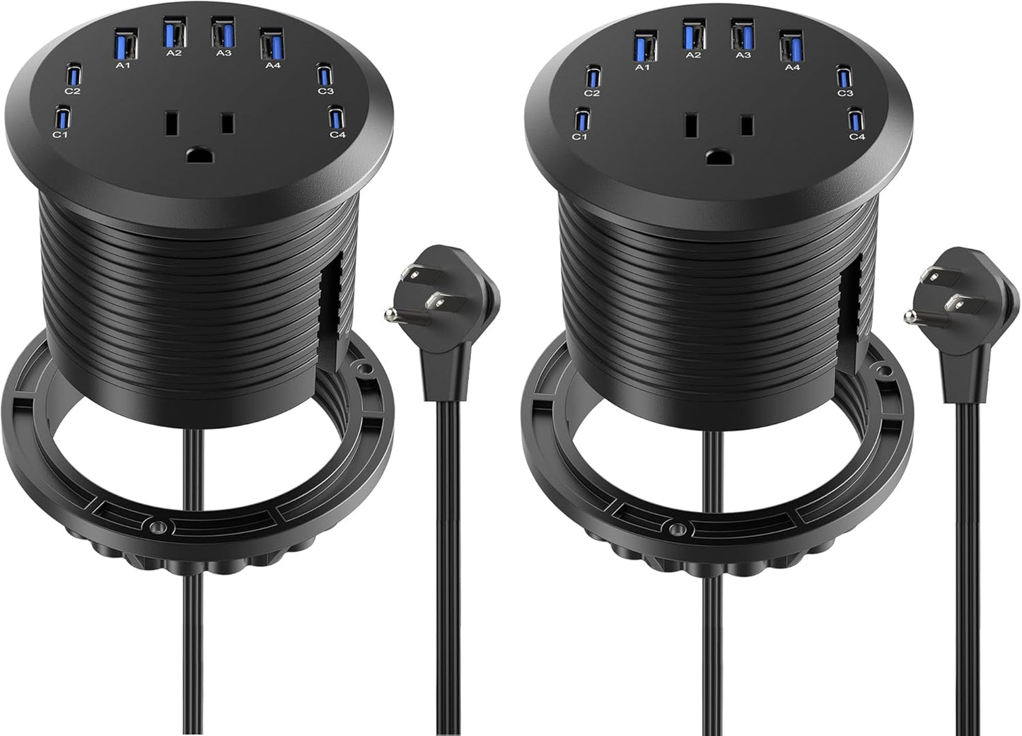 65W USB-C Hidden Desktop Power Grommet: 1 AC Outlet,8 USB Charging Ports,3'' Hole Flush Mount Pop-Up Power for Conference Tables & Nightstands (Black, 6 FT - 2PCS)