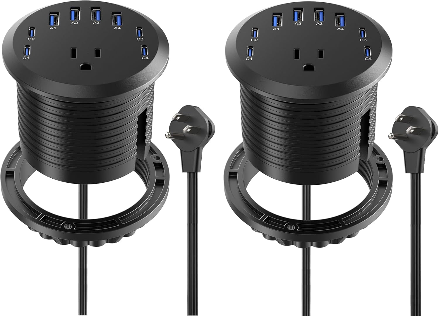 65W USB-C Hidden Desktop Power Grommet: 1 AC Outlet,8 USB Charging Ports,3'' Hole Flush Mount Pop-Up Power for Conference Tables & Nightstands (Black, 6 FT - 2PCS)