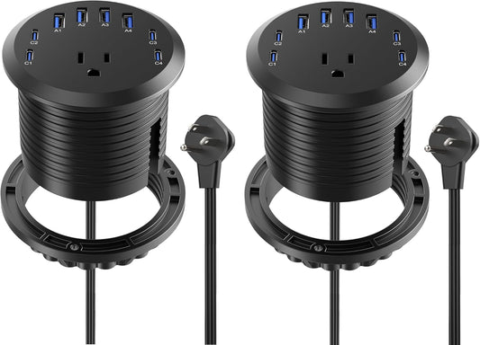 65W USB-C Hidden Desktop Power Grommet: 1 AC Outlet,8 USB Charging Ports,3'' Hole Flush Mount Pop-Up Power for Conference Tables & Nightstands (Black, 6 FT - 2PCS)