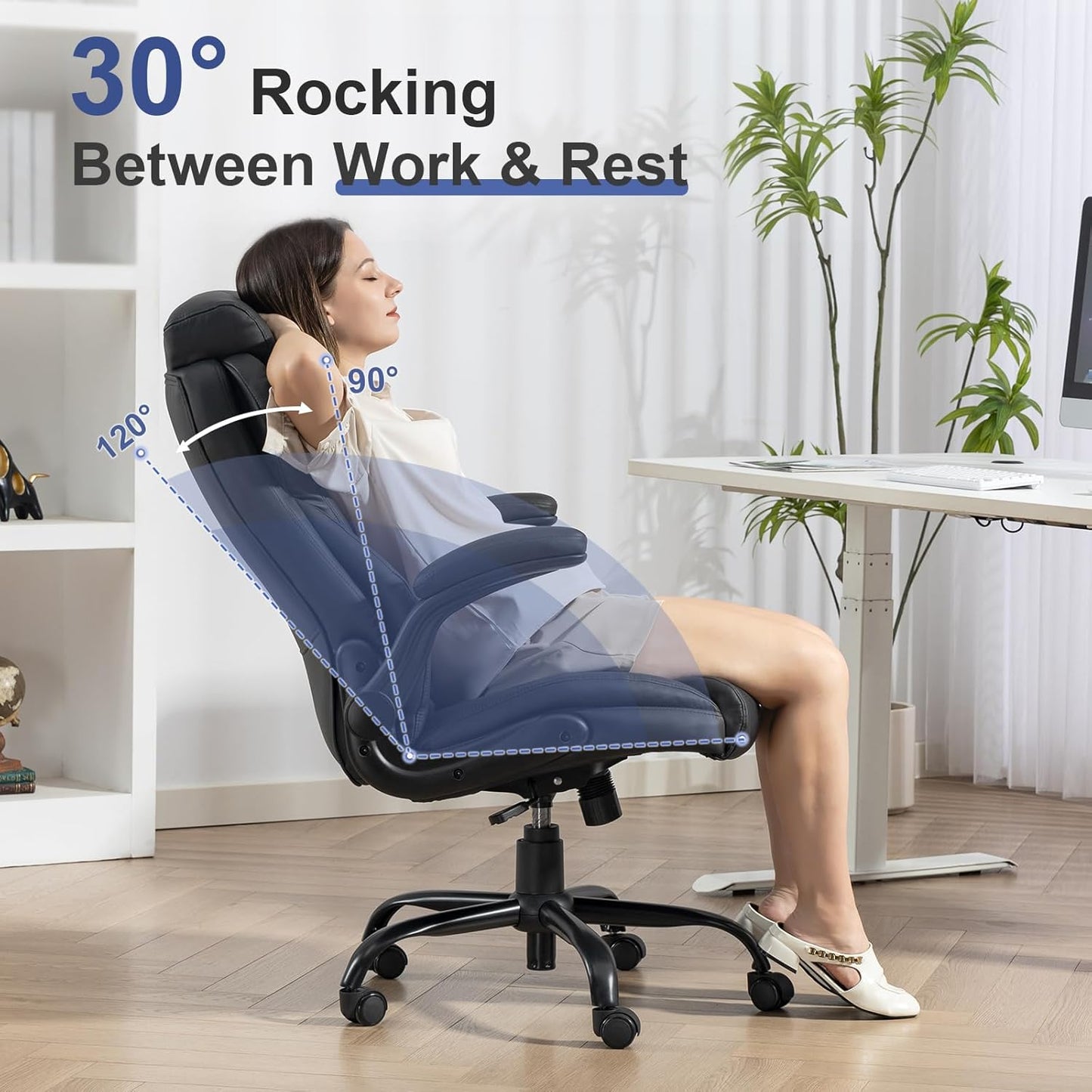 400LBS Big and Tall Office Chair, Heavy Duty Leather Executive Desk Chair with Padded Flip-Up Arms, Swivel Rolling Computer Chair for Home Office, Black