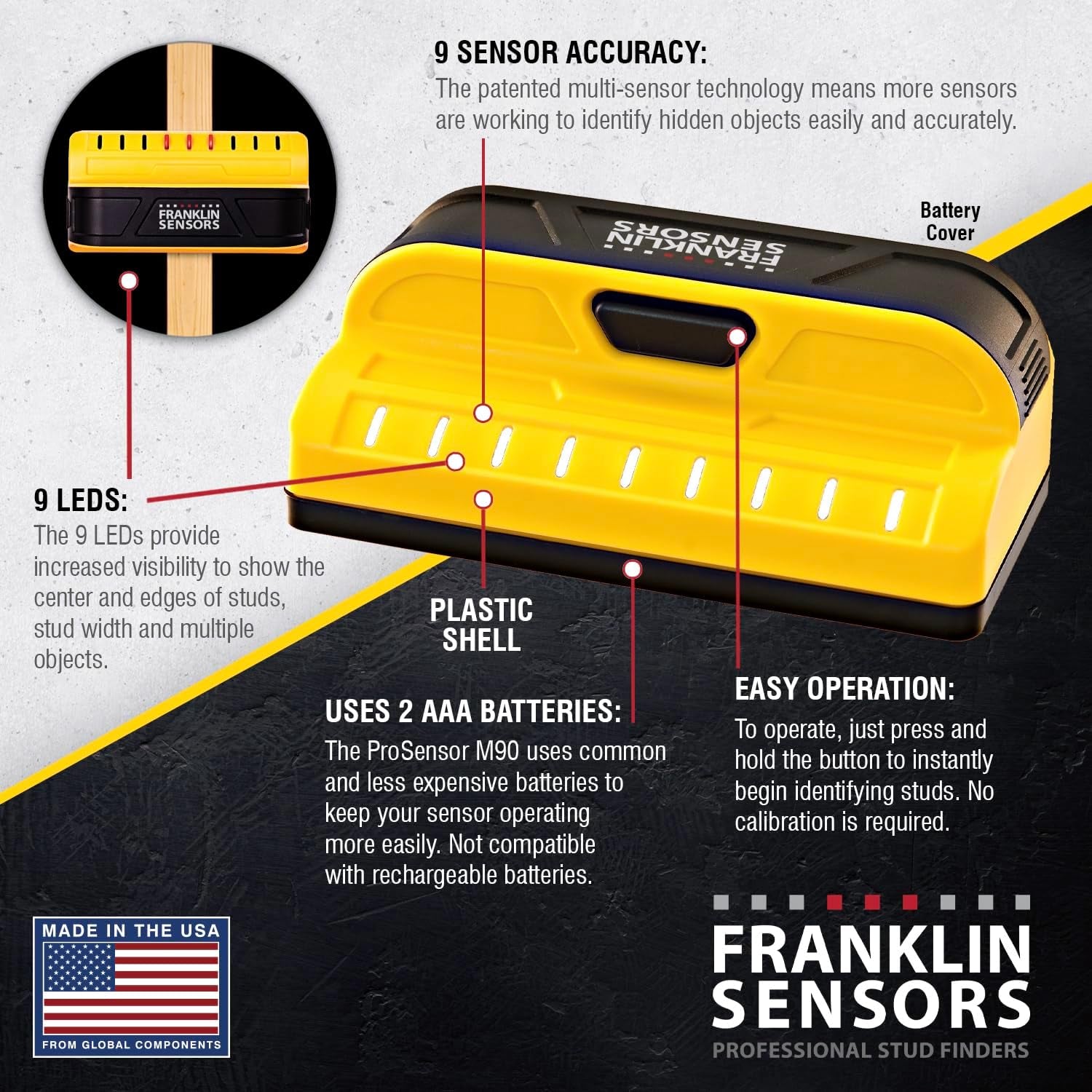 Prosensor M90 Stud Finder with 9-Sensors, Wood & Metal Stud Detector/Wall Scanner, Made in the USA