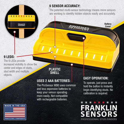 Prosensor M90 Stud Finder with 9-Sensors, Wood & Metal Stud Detector/Wall Scanner, Made in the USA