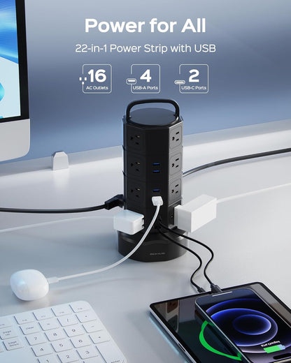 Power Strip Tower Surge Protector,  16 Outlets 6 USB (2 USB C) Charging Station, Extension Cord with Multiple Outlets, 1050J 1625W/13A Outlet Extender 6.5Ft Extension Cord for Home Office