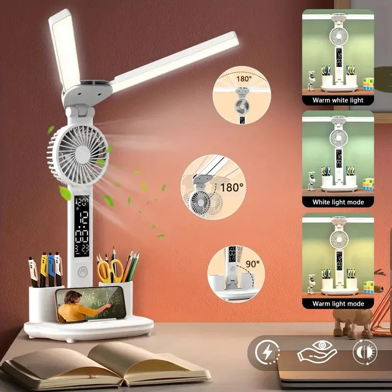 Foldable LED Table Light Eye Protection Multifunction Desk Lamp with Thermometer Calendar Fan Pen Holder Study Reading Fan Light