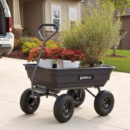 Poly Garden Dump Cart, 4 Cu Ft Tub, 600 Lb Haul Capacity, Black – Heavy-Duty Utility Wagon with Quick-Release Dumping & Pneumatic Tires for Yard, Landscaping and Gardening
