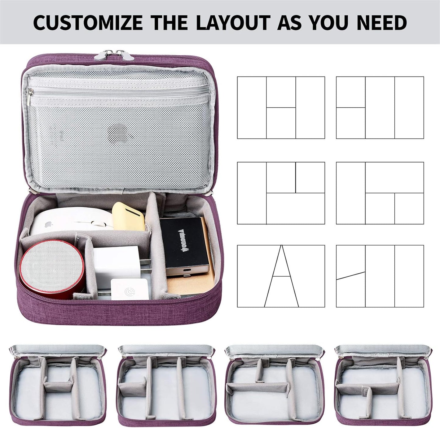 Travel Cable Organizer Bag, Electronic Accessories Case Portable Double Layer Cable Storage Bag for Cord,Phone,Charger, Flash Drive, Phone, SD Card,Personal Items - (Purple)