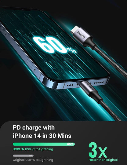 UGREEN USB C to Lightning Cable 6FT - Mfi Certification Lightning Cable Compatible with Iphone 14/14 Pro/14 Pro Max, Iphone 13/12/11/X/XR/XS/8 Series, Ipad 9, Airpods Pro, and More