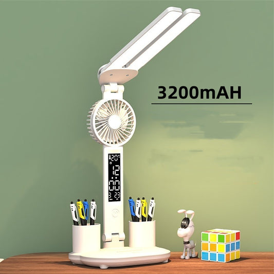 Foldable LED Table Light Eye Protection Multifunction Desk Lamp with Thermometer Calendar Fan Pen Holder Study Reading Fan Light