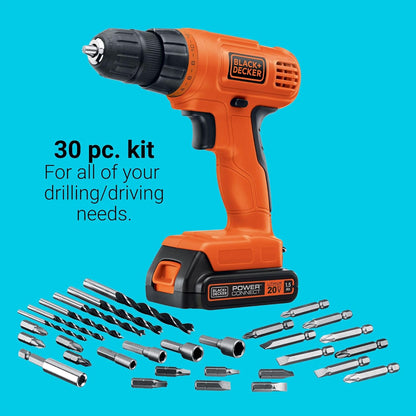 BLACK+DECKER 20V MAX POWERCONNECT Power Drill Cordless Drill Driver Electric Screwdriver with 30 Piece Bit Set, Battery and Charger Included (LD120VA)
