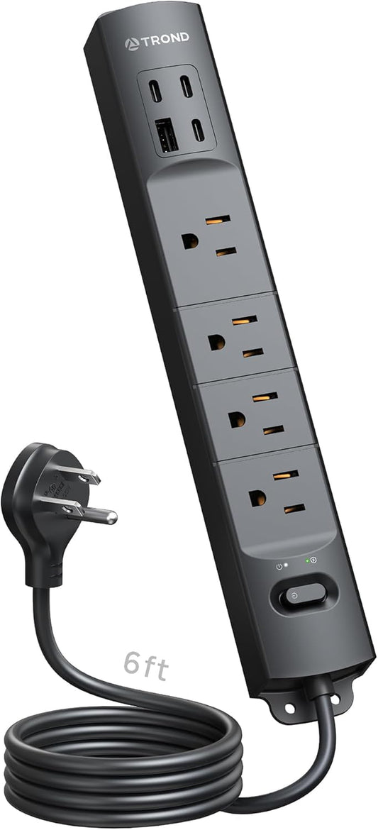 Surge Protector Power Strip with USB, Ultra Thin Flat Plug 6Ft Long Extension Cord 1625W, 3 USB a & 1 Type C, 4 AC Outlets 1440J Surge Protection Wall Mount for Home Office Dorm Room, Black