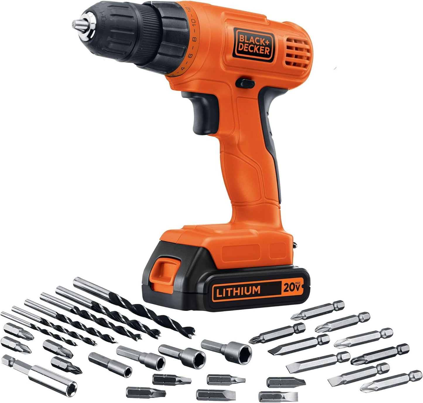 BLACK+DECKER 20V MAX POWERCONNECT Power Drill Cordless Drill Driver Electric Screwdriver with 30 Piece Bit Set, Battery and Charger Included (LD120VA)