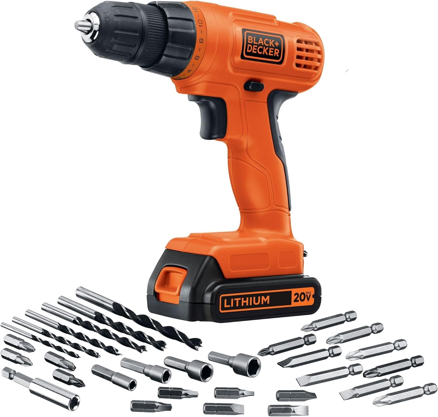 BLACK+DECKER 20V MAX POWERCONNECT Power Drill Cordless Drill Driver Electric Screwdriver with 30 Piece Bit Set, Battery and Charger Included (LD120VA)