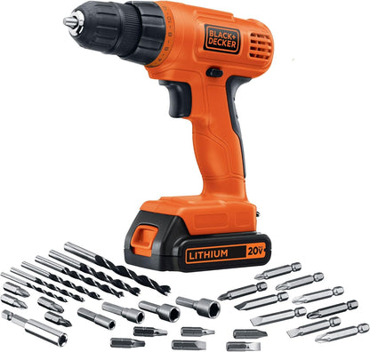 BLACK+DECKER 20V MAX POWERCONNECT Power Drill Cordless Drill Driver Electric Screwdriver with 30 Piece Bit Set, Battery and Charger Included (LD120VA)
