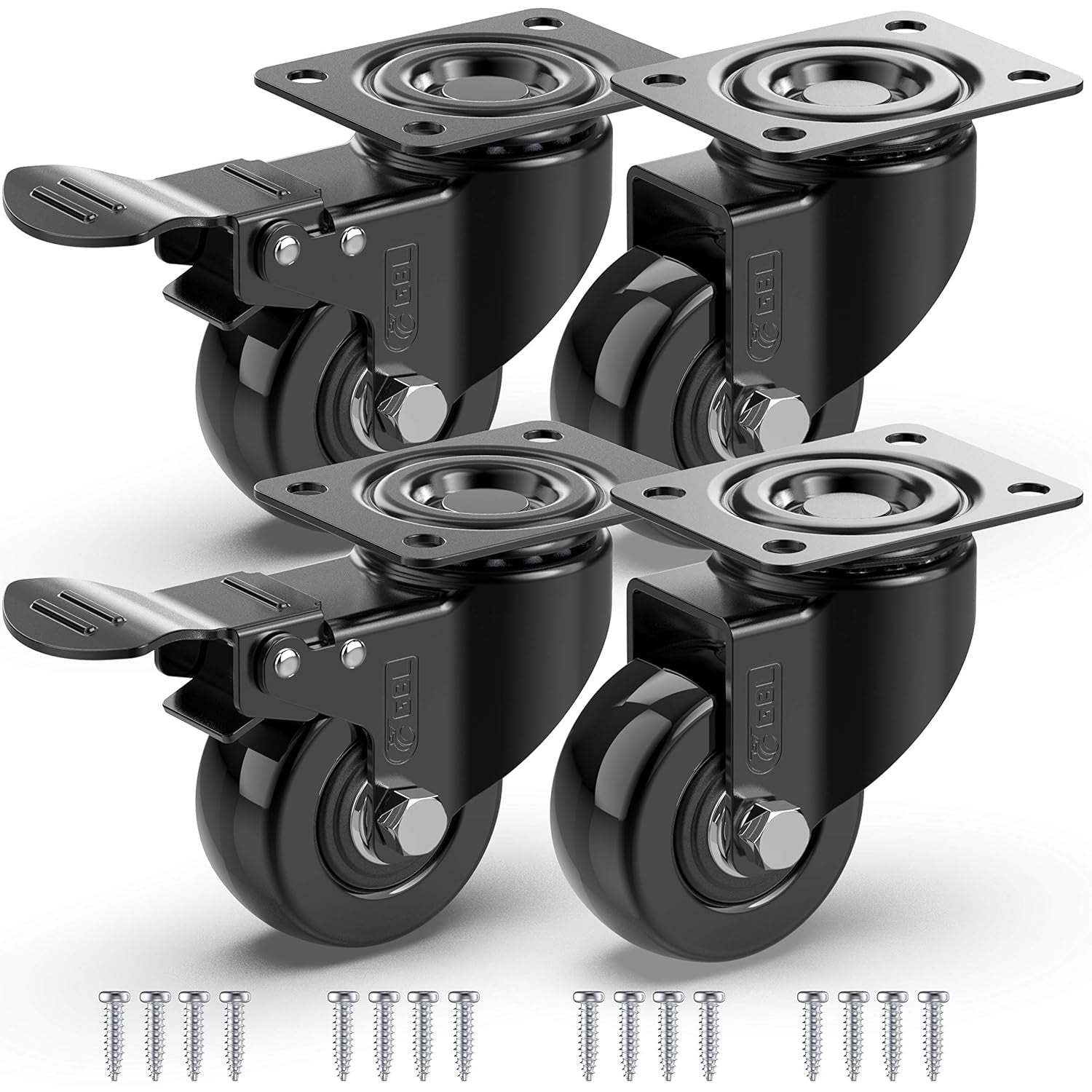 Heavy Duty Castor Wheels Set of 4 with Brakes + Screws - 50Mm - 200 Kg Load - No Floor Marks Caster Wheel for Moving Furniture - Rubbered Swivel Trolley Wheels for Trolley