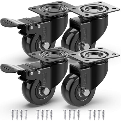 Heavy Duty Castor Wheels Set of 4 with Brakes + Screws - 50Mm - 200 Kg Load - No Floor Marks Caster Wheel for Moving Furniture - Rubbered Swivel Trolley Wheels for Trolley