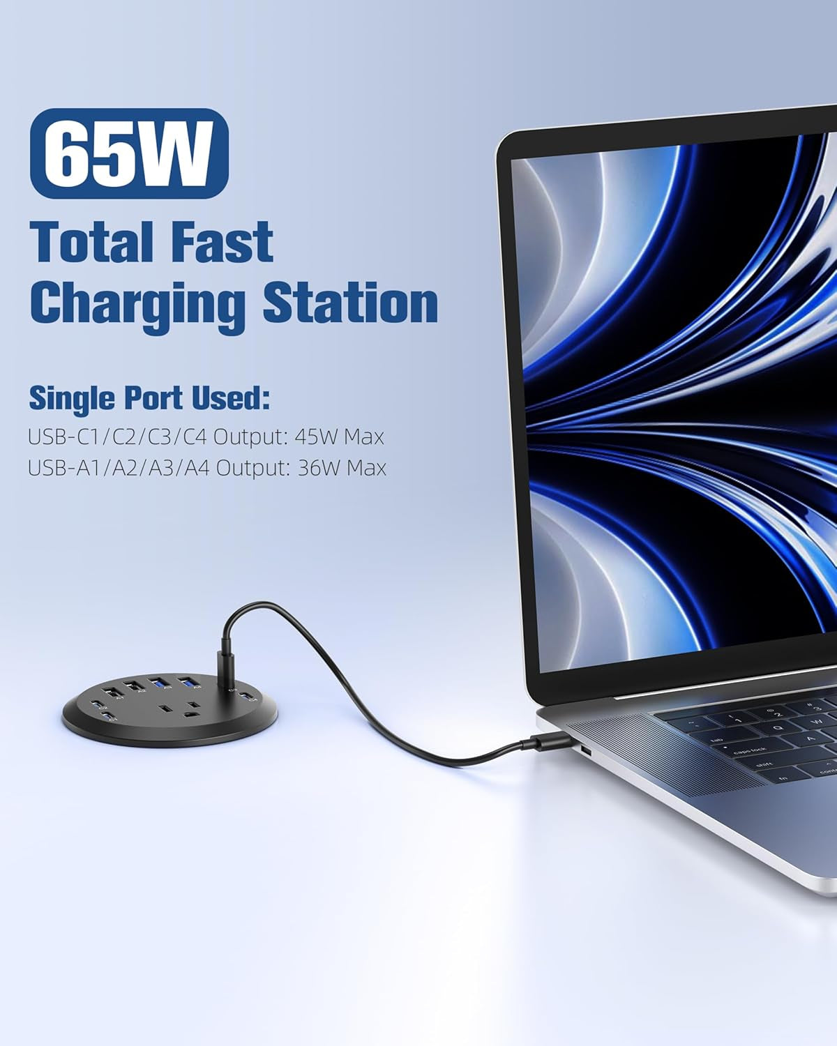 65W USB-C Hidden Desktop Power Grommet: 1 AC Outlet,8 USB Charging Ports,3'' Hole Flush Mount Pop-Up Power for Conference Tables & Nightstands (Black, 6 FT - 2PCS)