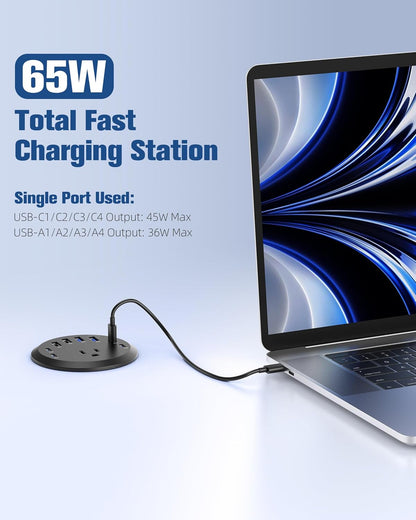 65W USB-C Hidden Desktop Power Grommet: 1 AC Outlet,8 USB Charging Ports,3'' Hole Flush Mount Pop-Up Power for Conference Tables & Nightstands (Black, 6 FT - 2PCS)