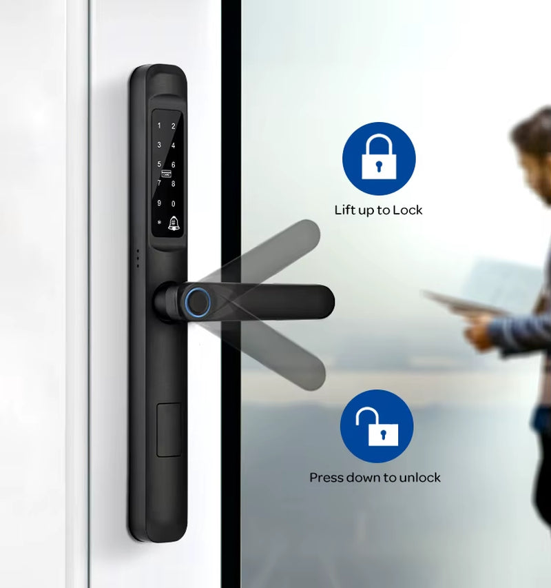Tuya Wifi App Waterproof Smart Door Lock Aluminum Biometric Lock Fingerprint Door Handle Digital Keyless Lock for Glass Sliding