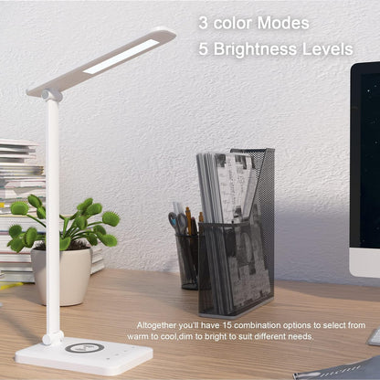 LED Desk Lamp with Wireless Charging, Eye-Caring Table Lamp USB Charging Port, 3Lighting Modes 5Brightness Levels with Memory Function, Touch Control Adjustable Lamp15W Office, Reading, Study