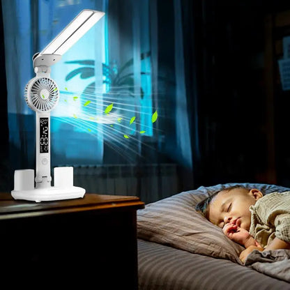 Foldable LED Table Light Eye Protection Multifunction Desk Lamp with Thermometer Calendar Fan Pen Holder Study Reading Fan Light