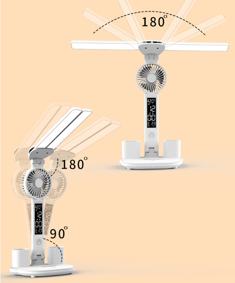 Foldable LED Table Light Eye Protection Multifunction Desk Lamp with Thermometer Calendar Fan Pen Holder Study Reading Fan Light