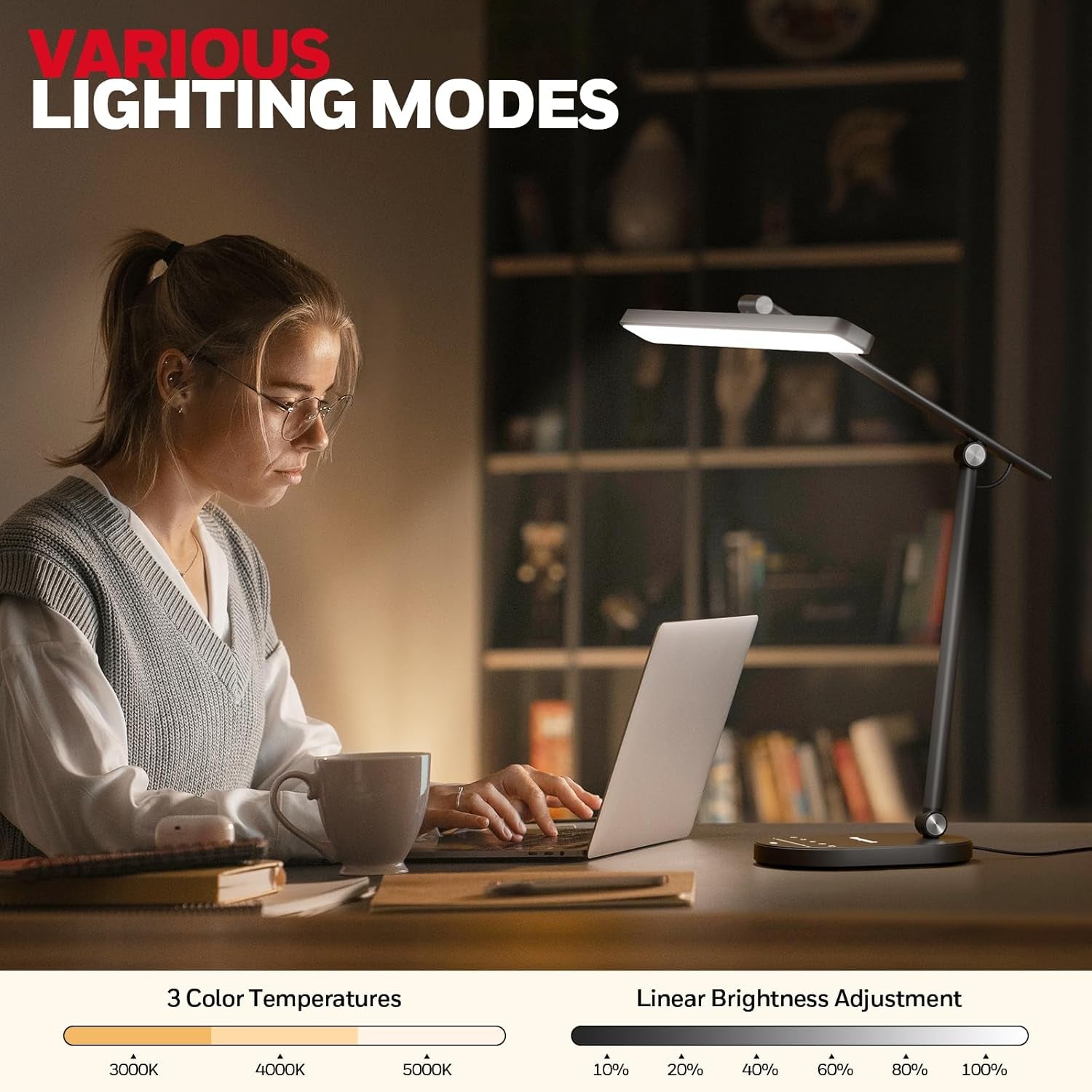 Desk Lamp for Home Office, H4 Sunturalux™ Eye-Caring LED Desk Light, 700LM Dimmable Desk Lamp with Timer, Adjustable Desk Reading Light, Touch Auto Dimming Table Lamp for Study, Bedroom