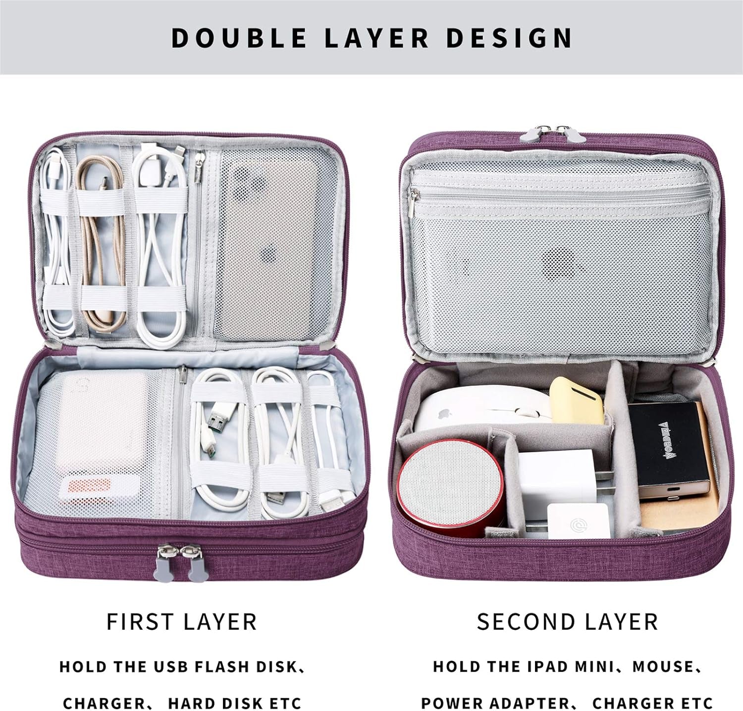 Travel Cable Organizer Bag, Electronic Accessories Case Portable Double Layer Cable Storage Bag for Cord,Phone,Charger, Flash Drive, Phone, SD Card,Personal Items - (Purple)