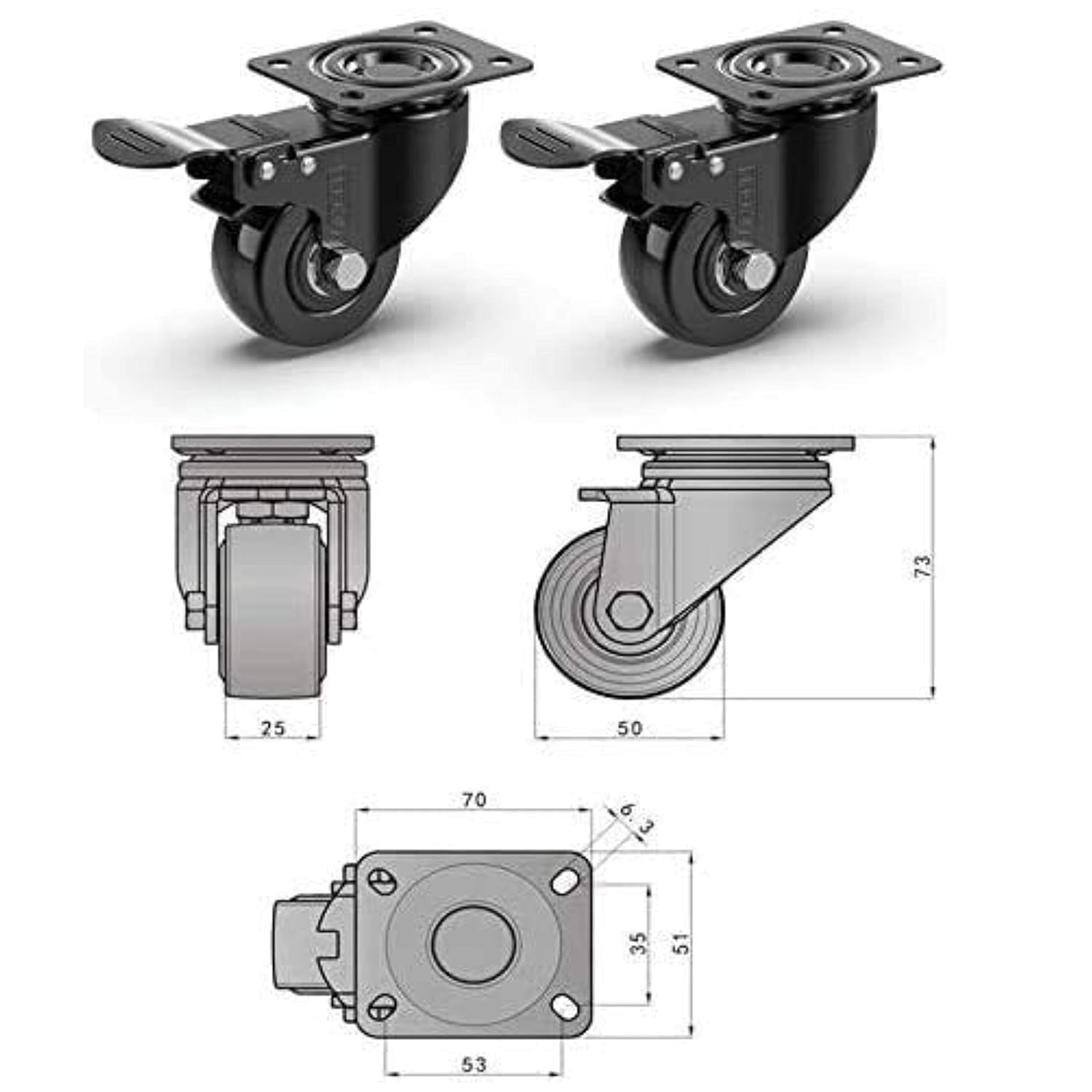 Heavy Duty Castor Wheels Set of 4 with Brakes + Screws - 50Mm - 200 Kg Load - No Floor Marks Caster Wheel for Moving Furniture - Rubbered Swivel Trolley Wheels for Trolley