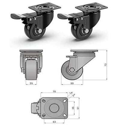 Heavy Duty Castor Wheels Set of 4 with Brakes + Screws - 50Mm - 200 Kg Load - No Floor Marks Caster Wheel for Moving Furniture - Rubbered Swivel Trolley Wheels for Trolley