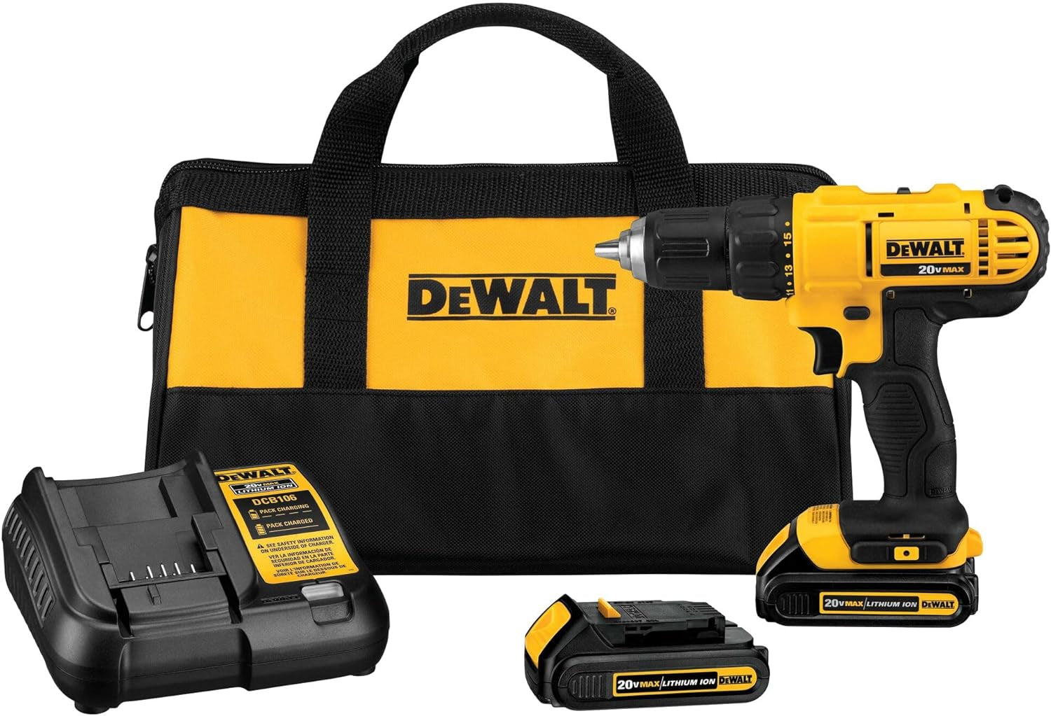 20V Max Cordless Drill Driver Set, 2 Speed, High Performance Motor, Includes 2 XR 1.3Ah Li-Ion Batteries, Charger and Contractor Bag (DCD771C2)