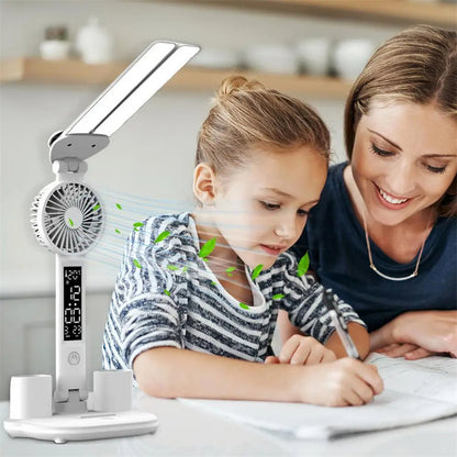 Foldable LED Table Light Eye Protection Multifunction Desk Lamp with Thermometer Calendar Fan Pen Holder Study Reading Fan Light