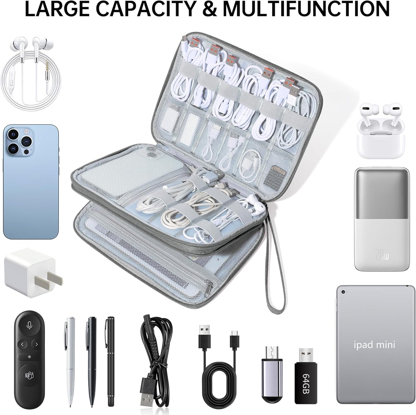 , Travel Cord Organizer Case, Compact Electronics Accessories Bag for Cable, Cord, Charger, Phone
