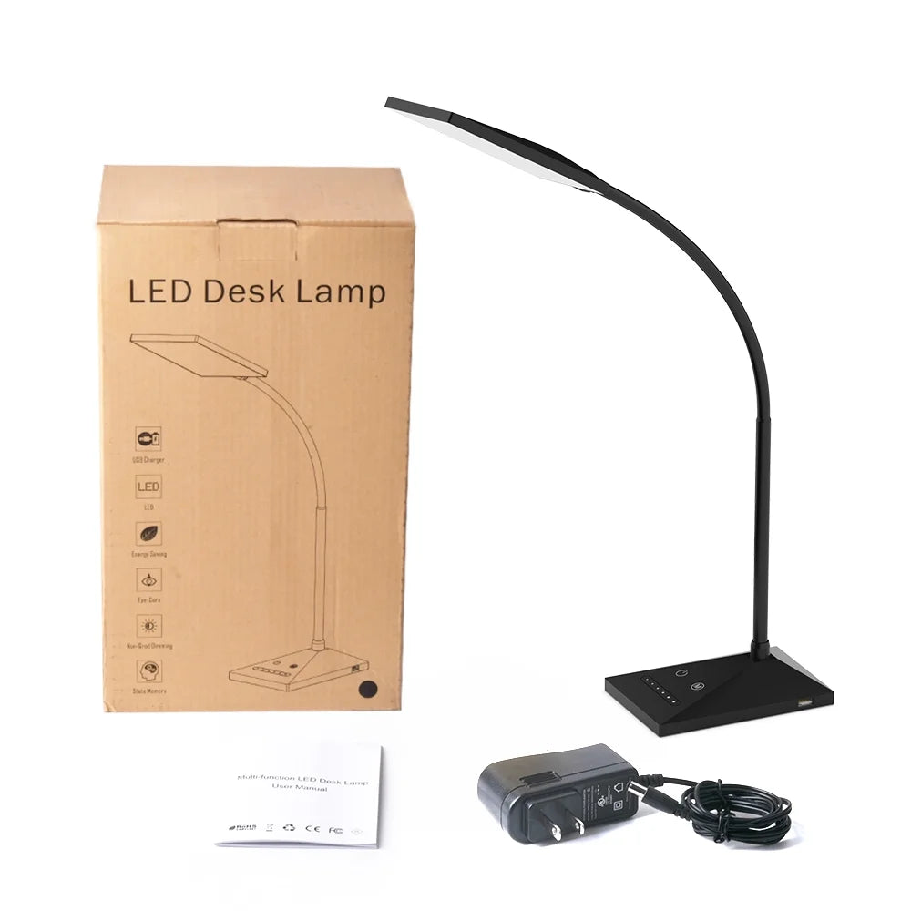 Dimmable LED Desk Lamp with USB Charge Port Touch Control Eye-Caring Adjustable Memory Function Table Lamp for Home Office Bedroom Nightstand-Black