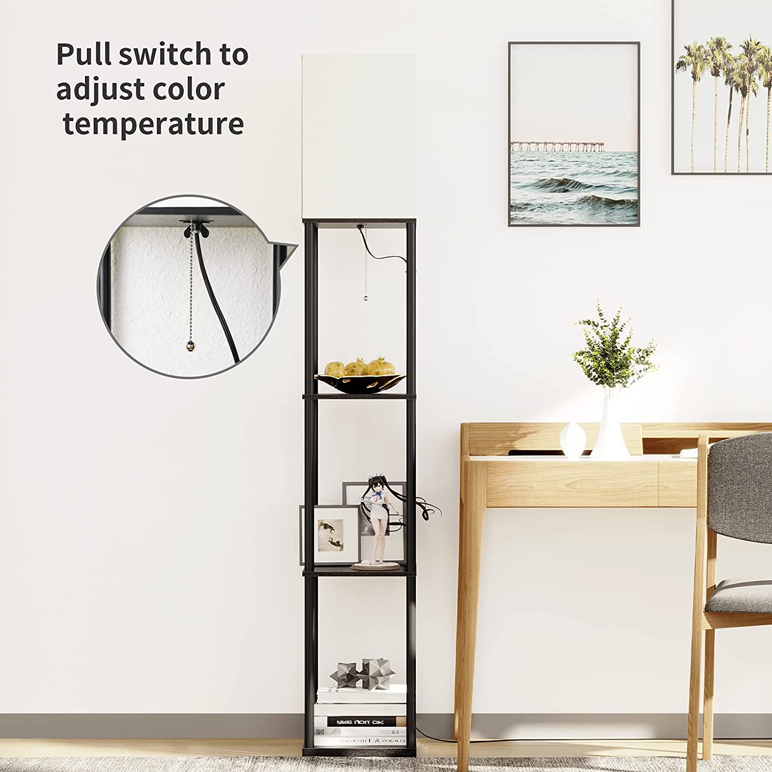 Floor Lamp with Shelves, Modern Square Standing Lamp with 3 Color Temperature Bulb, Corner Display Bookshelf Lamp for Living Room and Bedroom(Black)