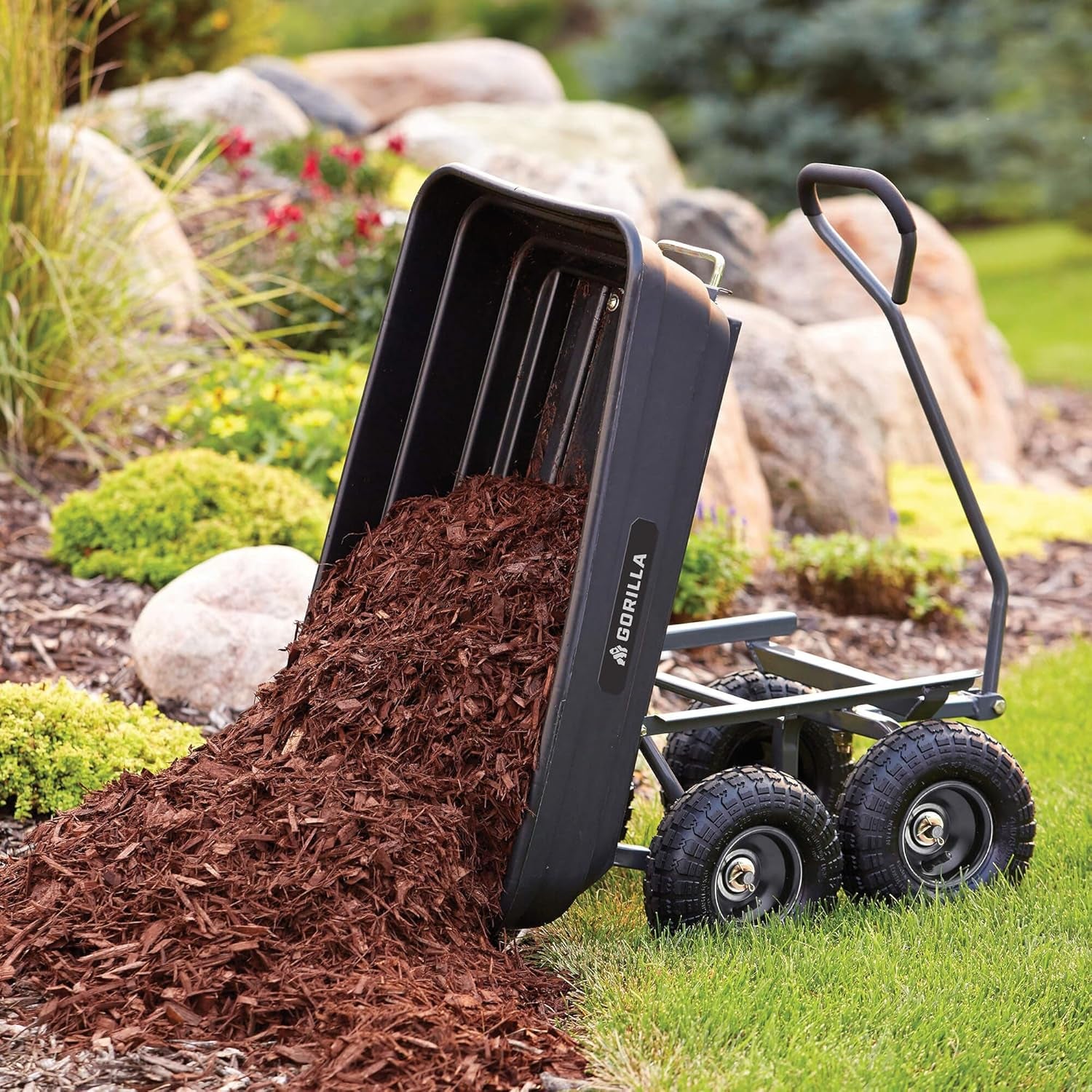 Poly Garden Dump Cart, 4 Cu Ft Tub, 600 Lb Haul Capacity, Black – Heavy-Duty Utility Wagon with Quick-Release Dumping & Pneumatic Tires for Yard, Landscaping and Gardening