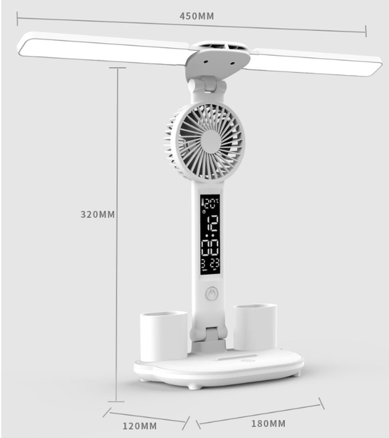 Foldable LED Table Light Eye Protection Multifunction Desk Lamp with Thermometer Calendar Fan Pen Holder Study Reading Fan Light