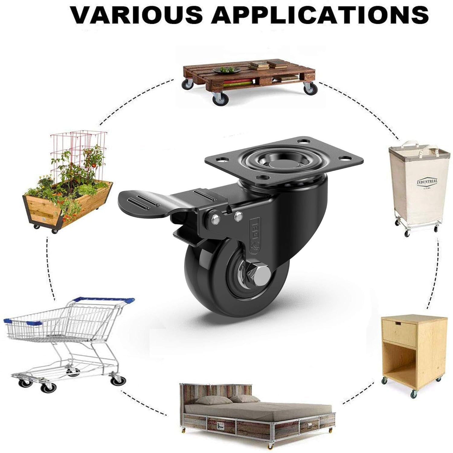 Heavy Duty Castor Wheels Set of 4 with Brakes + Screws - 50Mm - 200 Kg Load - No Floor Marks Caster Wheel for Moving Furniture - Rubbered Swivel Trolley Wheels for Trolley