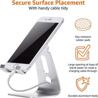 Adjustable Aluminum Phone Stand for Cell Phones, Iphone and Android, Desktop Phone Holder with Adjustable Angle, Hands-Free Viewing, 3.15 X 2.87 X 3.74 Inch, Silver