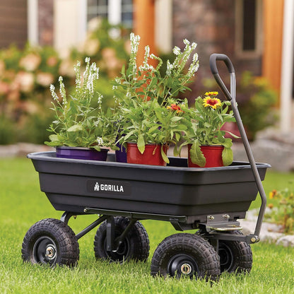 Poly Garden Dump Cart, 4 Cu Ft Tub, 600 Lb Haul Capacity, Black – Heavy-Duty Utility Wagon with Quick-Release Dumping & Pneumatic Tires for Yard, Landscaping and Gardening