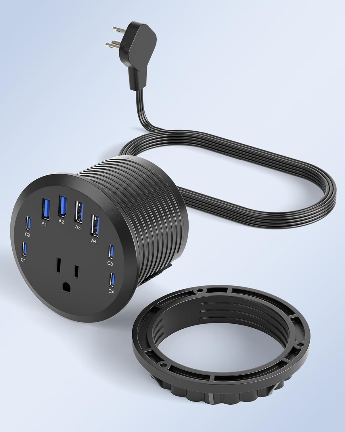 65W USB-C Hidden Desktop Power Grommet: 1 AC Outlet,8 USB Charging Ports,3'' Hole Flush Mount Pop-Up Power for Conference Tables & Nightstands (Black, 6 FT - 2PCS)
