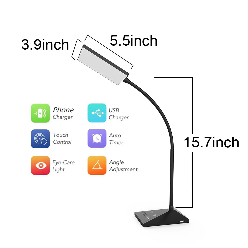 Dimmable LED Desk Lamp with USB Charge Port Touch Control Eye-Caring Adjustable Memory Function Table Lamp for Home Office Bedroom Nightstand-Black