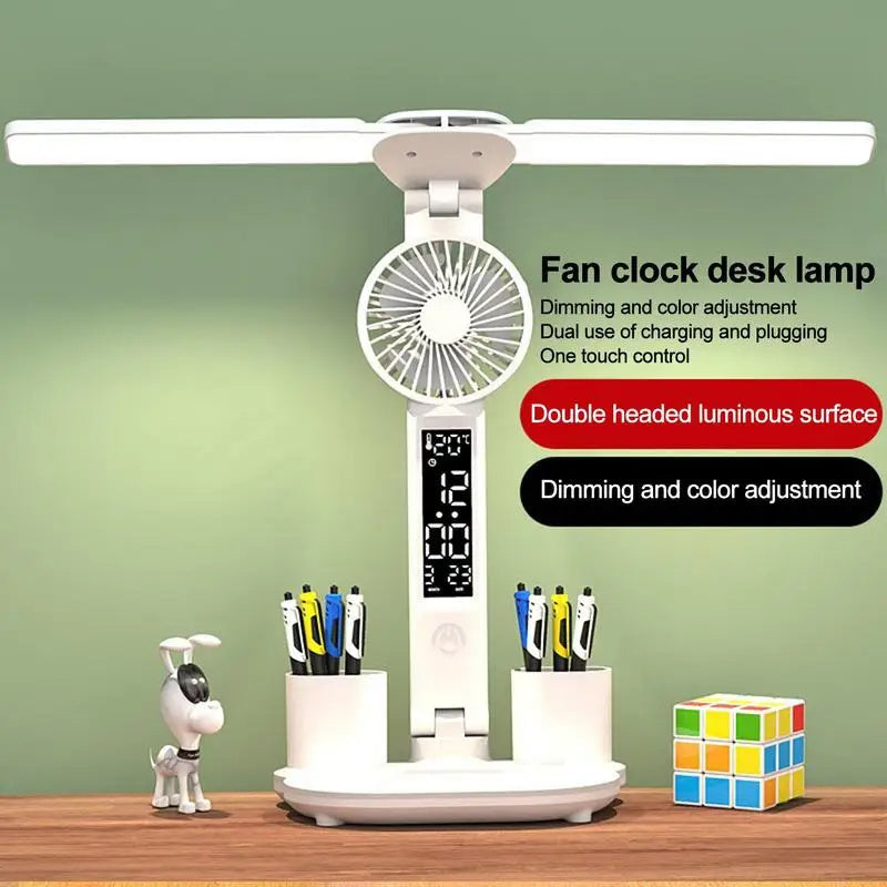 Foldable LED Table Light Eye Protection Multifunction Desk Lamp with Thermometer Calendar Fan Pen Holder Study Reading Fan Light