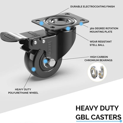 Heavy Duty Castor Wheels Set of 4 with Brakes + Screws - 50Mm - 200 Kg Load - No Floor Marks Caster Wheel for Moving Furniture - Rubbered Swivel Trolley Wheels for Trolley