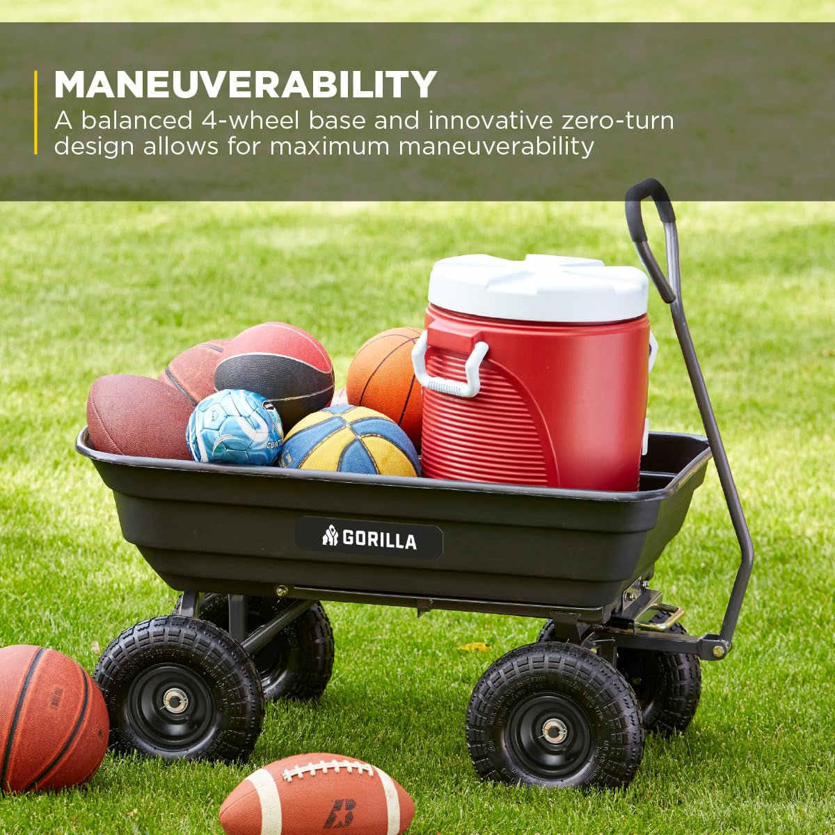 Poly Garden Dump Cart, 4 Cu Ft Tub, 600 Lb Haul Capacity, Black – Heavy-Duty Utility Wagon with Quick-Release Dumping & Pneumatic Tires for Yard, Landscaping and Gardening