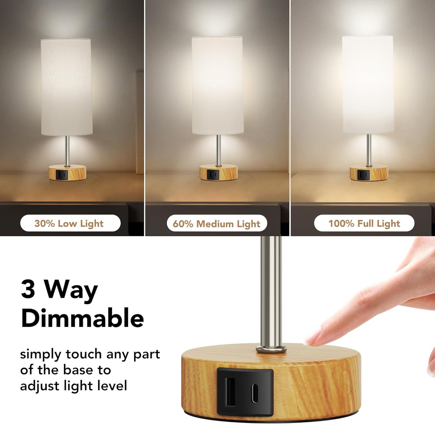 12.8" Touch Control Table Lamp, 3-Way Dimmable Small Bedside Nightstand Lamp with 2 USB Ports, Modern Table Lamp with 5000K Daylight LED Bulb for Living Room (2 Pack)